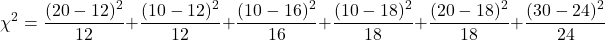 \[\chi^2 = \frac{(20 - 12)^2}{12} + \frac{(10 - 12)^2}{12} + \frac{(10 - 16)^2}{16} + \frac{(10 - 18)^2}{18} + \frac{(20 - 18)^2}{18} + \frac{(30 - 24)^2}{24}\]
